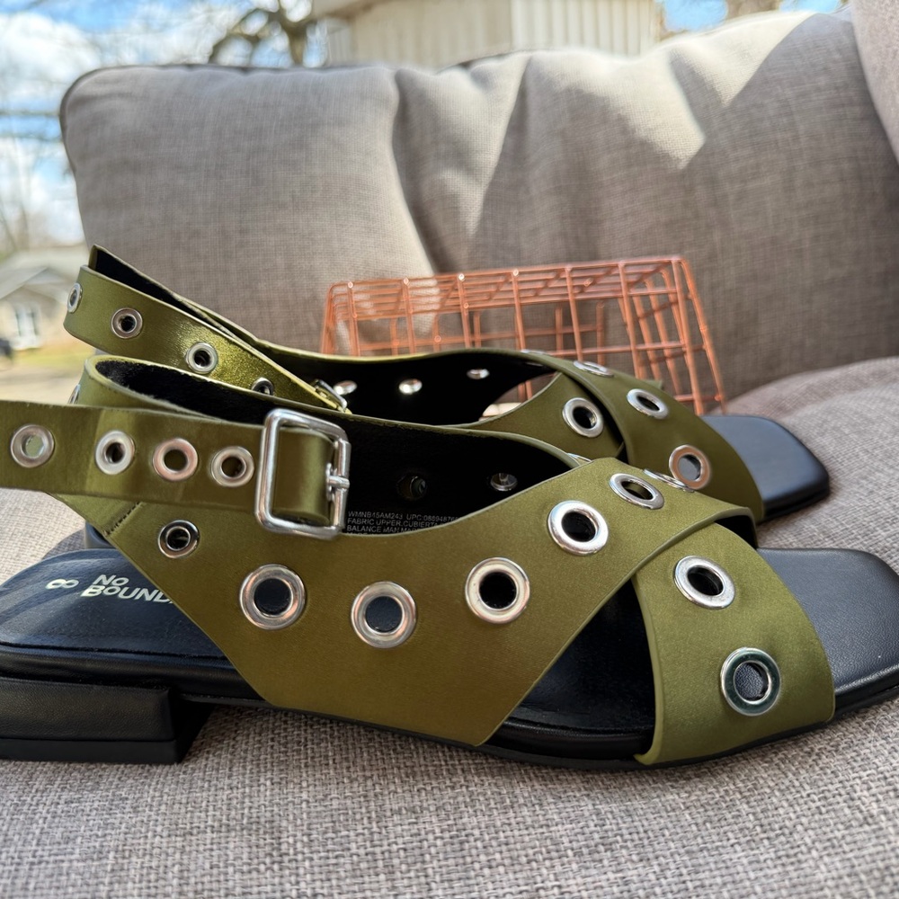 Olive Green Grommet Slingback Sandals - Picture 2 of 2